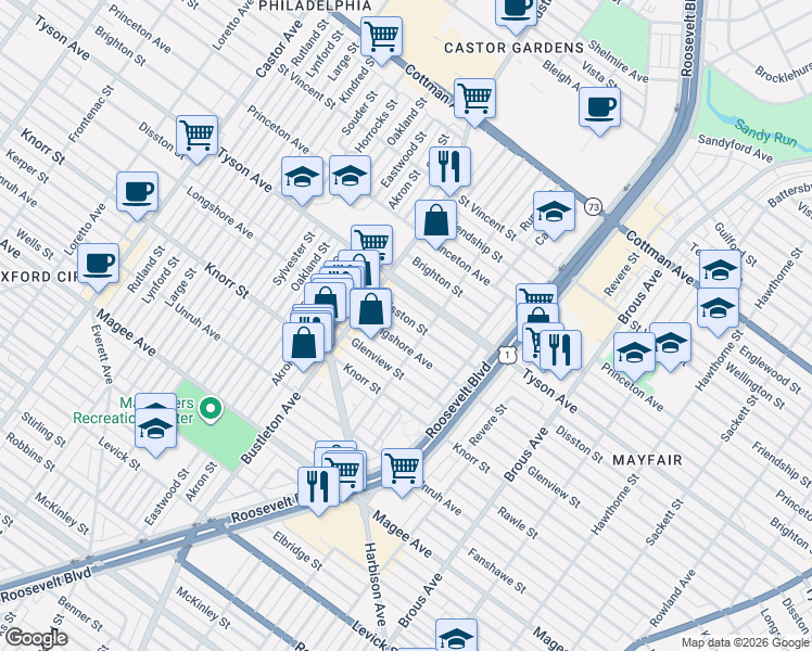 map of restaurants, bars, coffee shops, grocery stores, and more near 2156 Longshore Avenue in Philadelphia