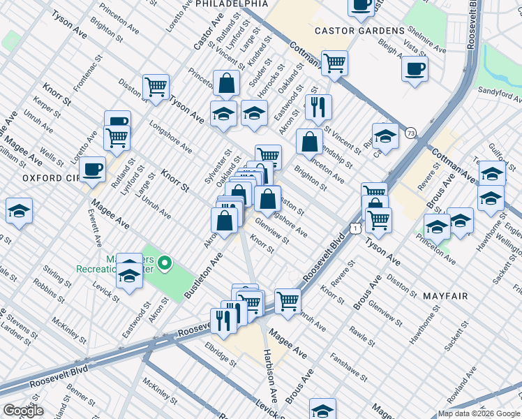 map of restaurants, bars, coffee shops, grocery stores, and more near 2105 Glenview Street in Philadelphia