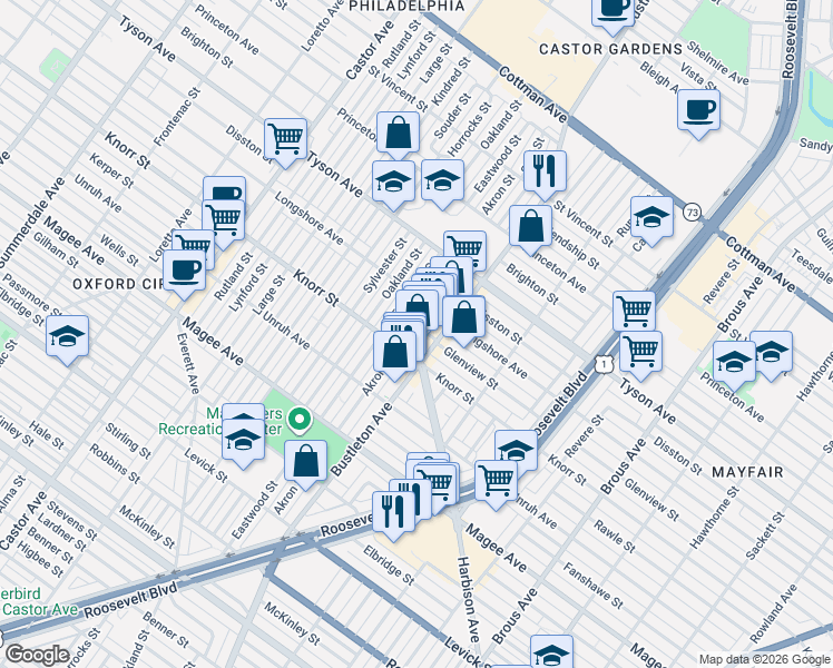 map of restaurants, bars, coffee shops, grocery stores, and more near 2033 Knorr Street in Philadelphia
