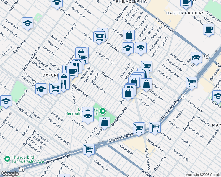 map of restaurants, bars, coffee shops, grocery stores, and more near 6713 Sylvester Street in Philadelphia