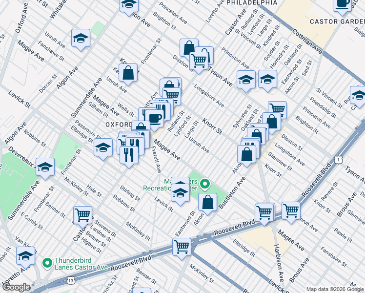 map of restaurants, bars, coffee shops, grocery stores, and more near 6618 Kindred Street in Philadelphia