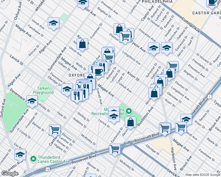 map of restaurants, bars, coffee shops, grocery stores, and more near 1536 Magee Avenue in Philadelphia
