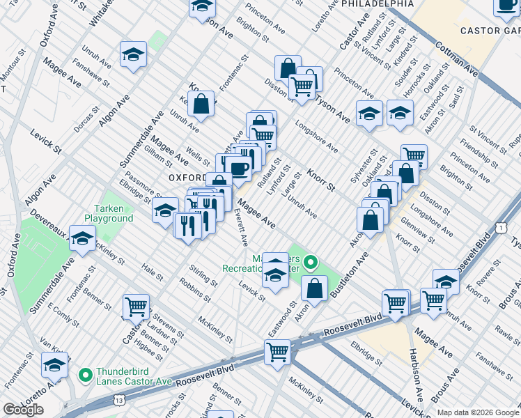 map of restaurants, bars, coffee shops, grocery stores, and more near 1536 Magee Avenue in Philadelphia