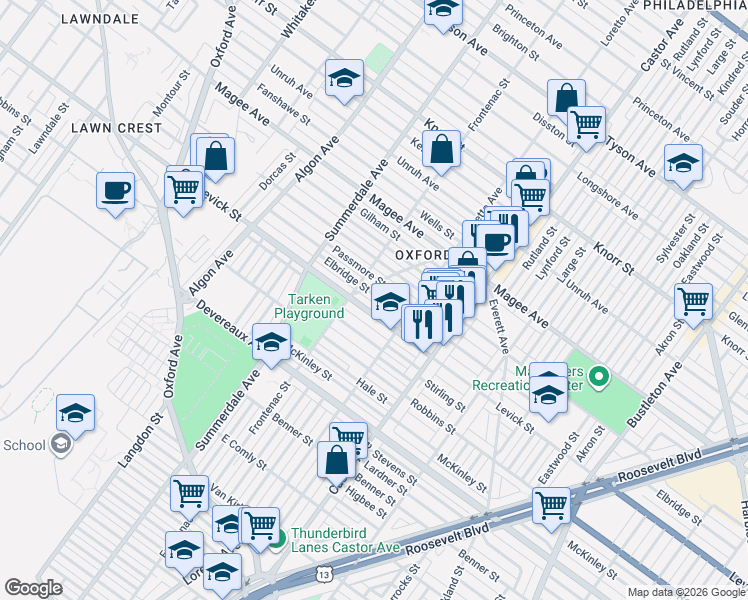 map of restaurants, bars, coffee shops, grocery stores, and more near 1236 Elbridge Street in Philadelphia