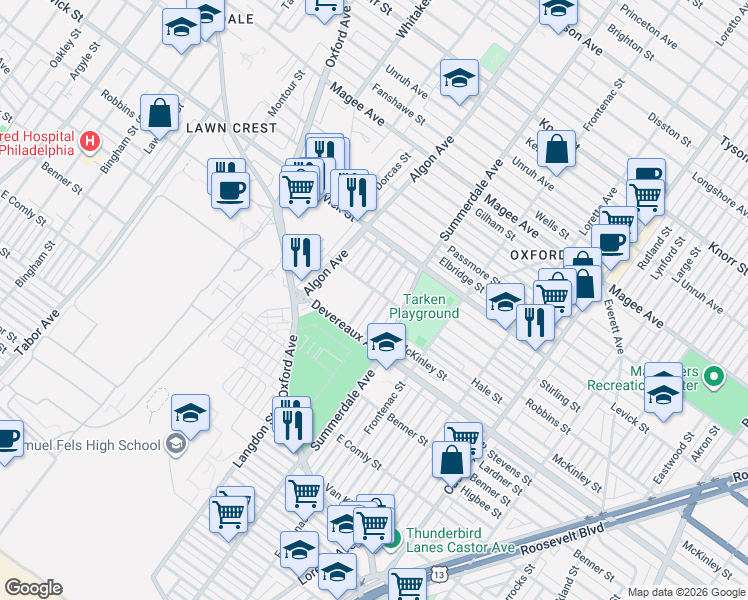 map of restaurants, bars, coffee shops, grocery stores, and more near 6221 Langdon Street in Philadelphia