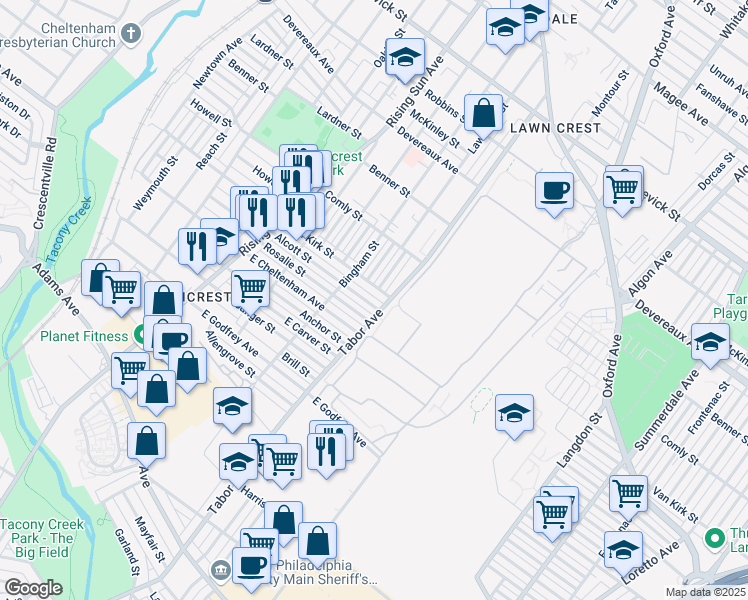 map of restaurants, bars, coffee shops, grocery stores, and more near 640 Alcott Street in Philadelphia