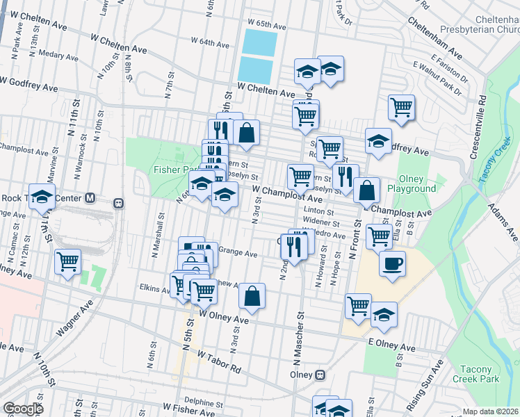 map of restaurants, bars, coffee shops, grocery stores, and more near 264 Widener Street in Philadelphia