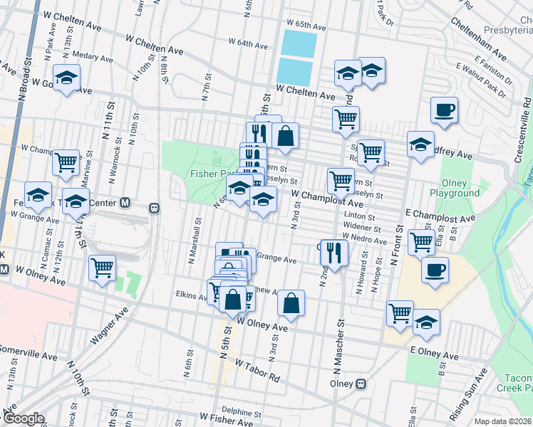 map of restaurants, bars, coffee shops, grocery stores, and more near 5900 North Lawrence Street in Philadelphia