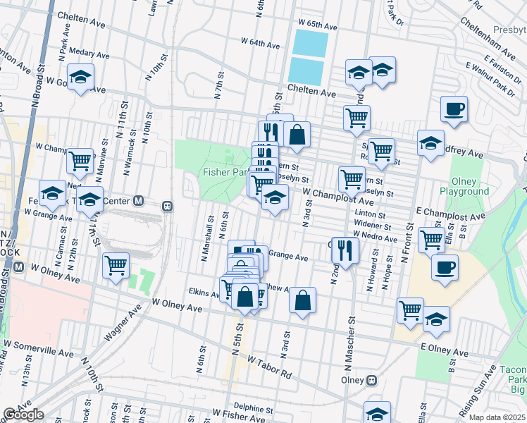 map of restaurants, bars, coffee shops, grocery stores, and more near 5909 North 5th Street in Philadelphia