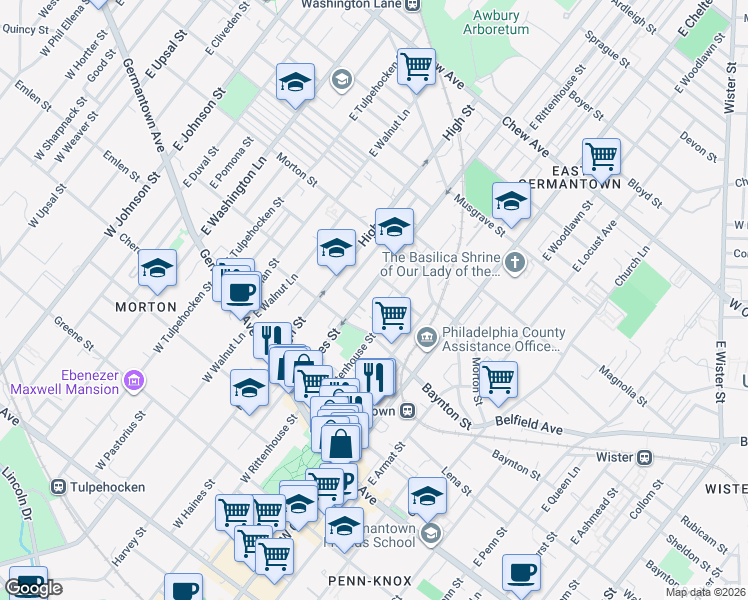 map of restaurants, bars, coffee shops, grocery stores, and more near 208 East Haines Street in Philadelphia