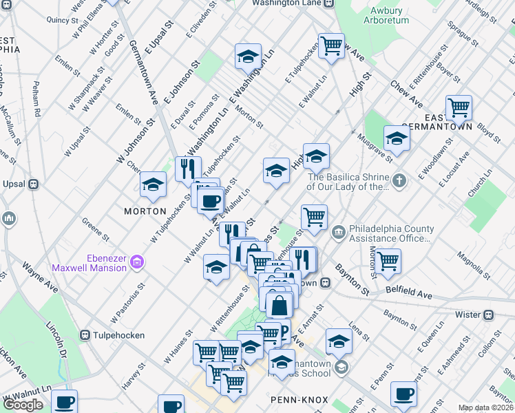 map of restaurants, bars, coffee shops, grocery stores, and more near 5925 Baynton Street in Philadelphia
