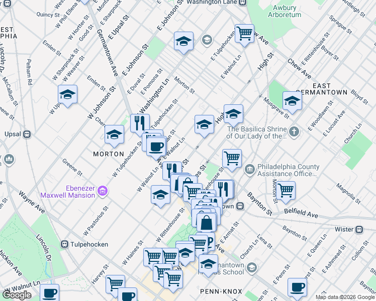 map of restaurants, bars, coffee shops, grocery stores, and more near 44 East Walnut Lane in Philadelphia