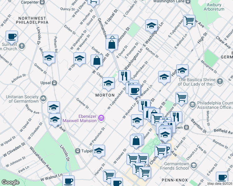 map of restaurants, bars, coffee shops, grocery stores, and more near 63 West Tulpehocken Street in Philadelphia