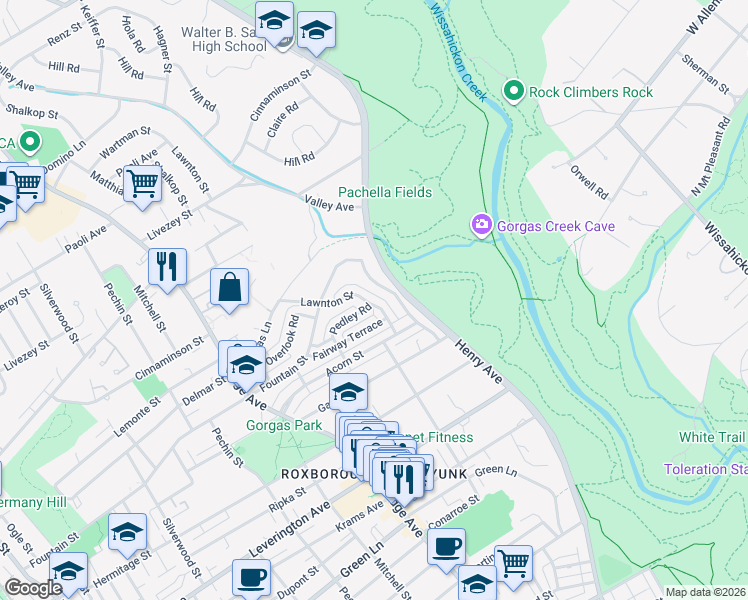 map of restaurants, bars, coffee shops, grocery stores, and more near 593 Pedley Road in Philadelphia