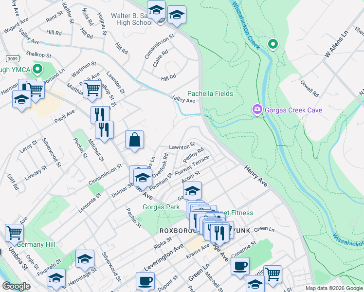 map of restaurants, bars, coffee shops, grocery stores, and more near 6480 Lawnton Street in Philadelphia
