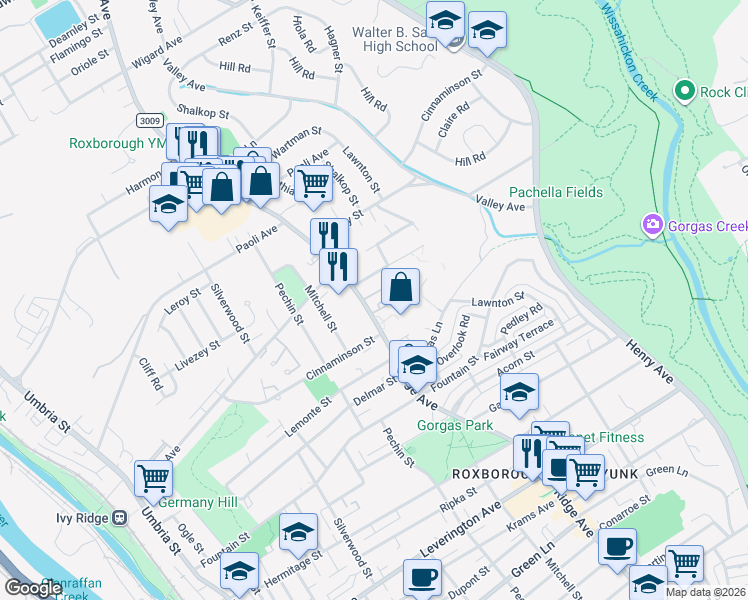 map of restaurants, bars, coffee shops, grocery stores, and more near 6784 Ridge Avenue in Philadelphia