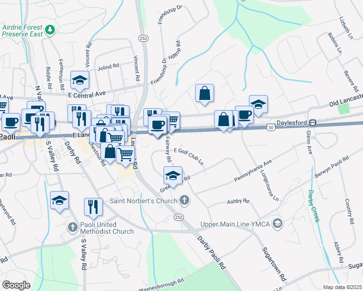 map of restaurants, bars, coffee shops, grocery stores, and more near 5 East Golf Club Lane in Paoli
