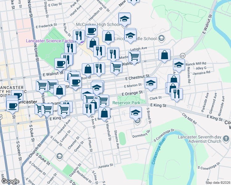 map of restaurants, bars, coffee shops, grocery stores, and more near 709 East Orange Street in Lancaster