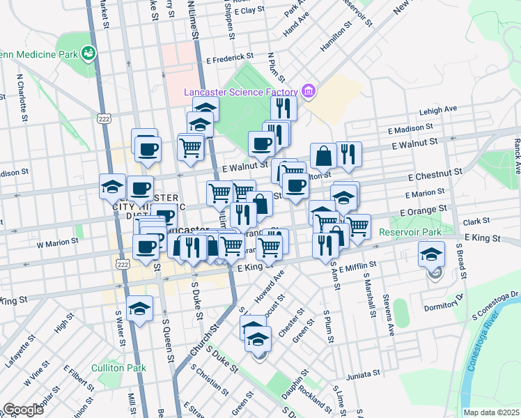 map of restaurants, bars, coffee shops, grocery stores, and more near 316 East Marion Street in Lancaster