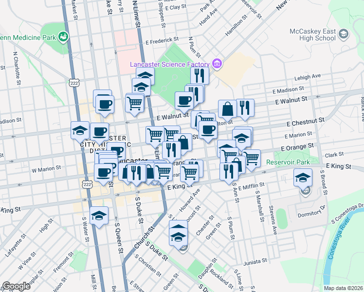 map of restaurants, bars, coffee shops, grocery stores, and more near 316 East Marion Street in Lancaster