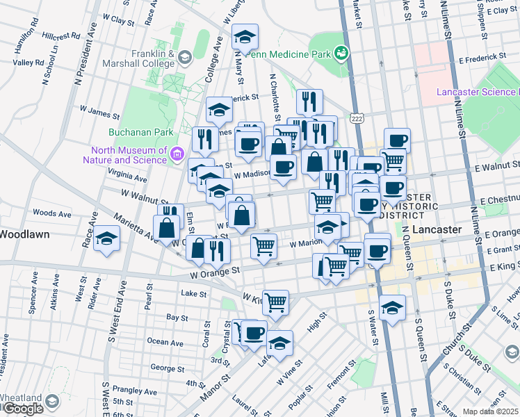 map of restaurants, bars, coffee shops, grocery stores, and more near 230 North Mary Street in Lancaster