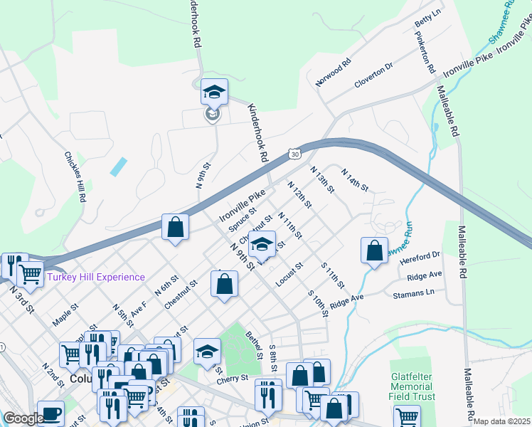 map of restaurants, bars, coffee shops, grocery stores, and more near 1035 Chestnut Street in Columbia