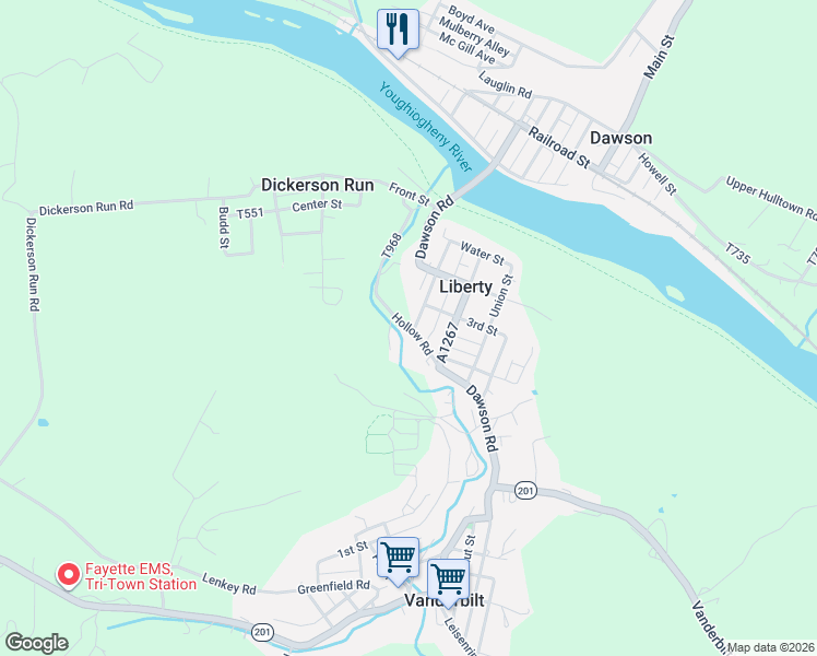 map of restaurants, bars, coffee shops, grocery stores, and more near 219 Hollow Road in Dickerson Run