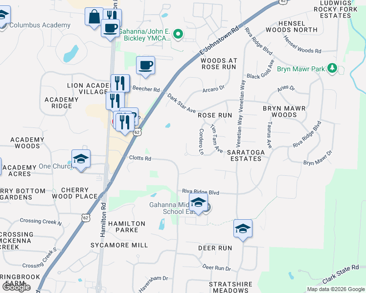 map of restaurants, bars, coffee shops, grocery stores, and more near 623 Pincay Place in Columbus