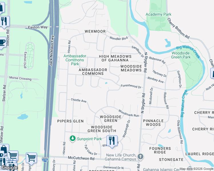 map of restaurants, bars, coffee shops, grocery stores, and more near 811 Lindenhaven Court in Columbus