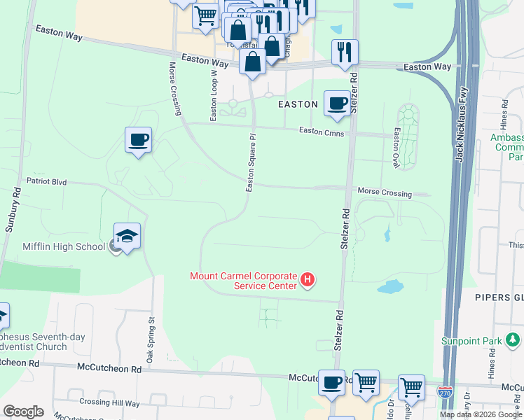 map of restaurants, bars, coffee shops, grocery stores, and more near 3690 Montclair Drive in Columbus
