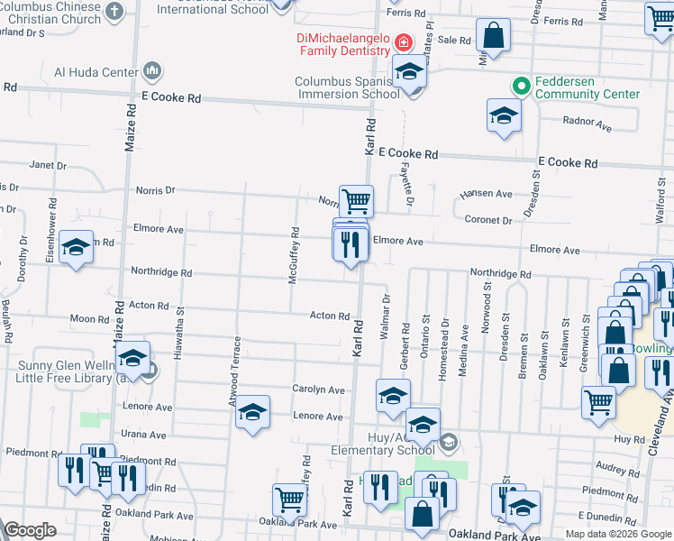 map of restaurants, bars, coffee shops, grocery stores, and more near 1372 Northridge Road in Columbus
