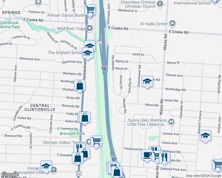 map of restaurants, bars, coffee shops, grocery stores, and more near 3741 Beulah Road in Columbus