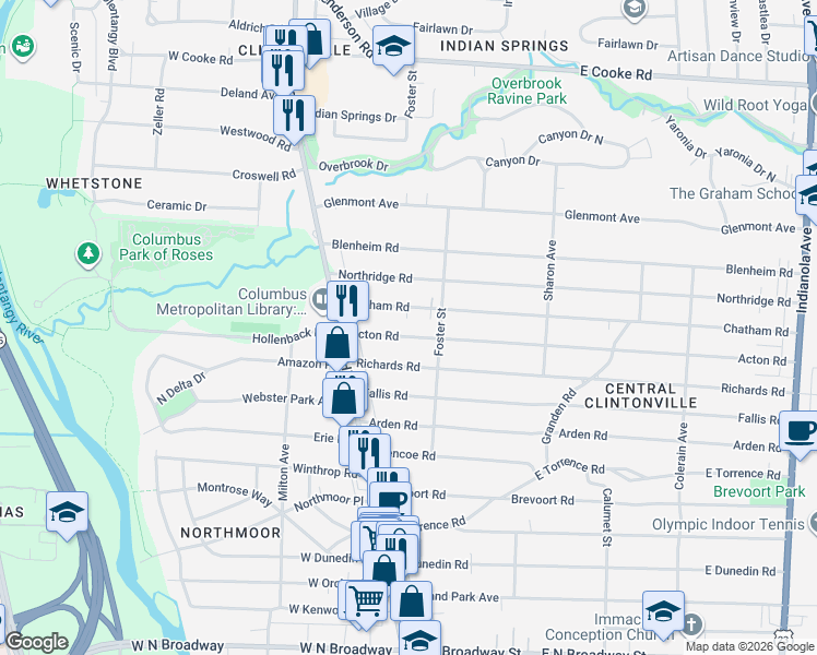 map of restaurants, bars, coffee shops, grocery stores, and more near 71 Acton Road in Columbus