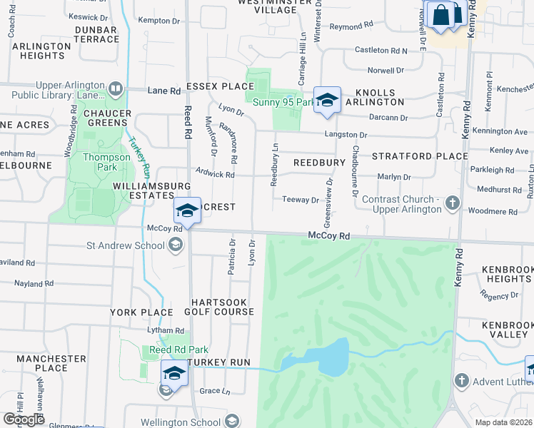 map of restaurants, bars, coffee shops, grocery stores, and more near 4130 Lyon Drive in Columbus