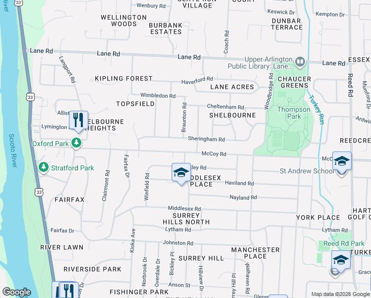 map of restaurants, bars, coffee shops, grocery stores, and more near 2333 McCoy Road in Columbus