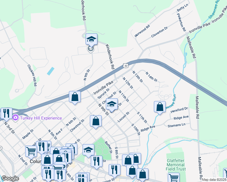 map of restaurants, bars, coffee shops, grocery stores, and more near 1035 Chestnut Street in Columbia