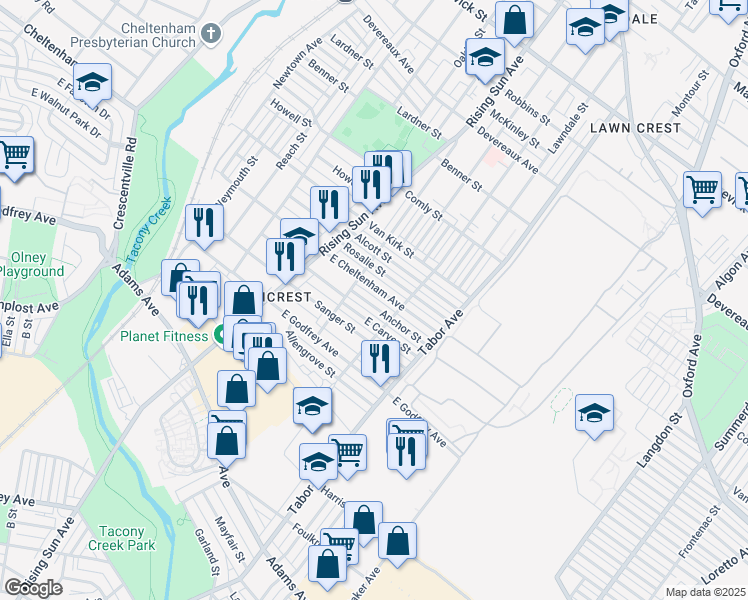 map of restaurants, bars, coffee shops, grocery stores, and more near 567 Anchor Street in Philadelphia