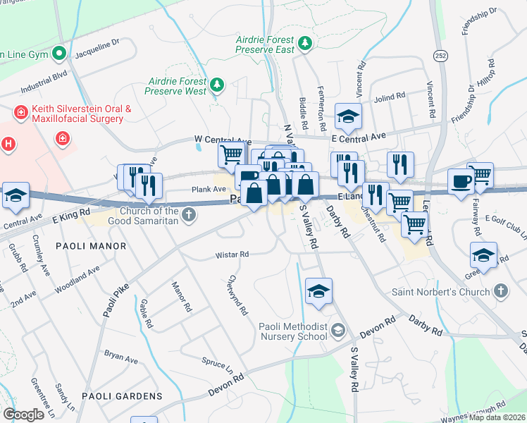 map of restaurants, bars, coffee shops, grocery stores, and more near 119 West Circular Avenue in Paoli
