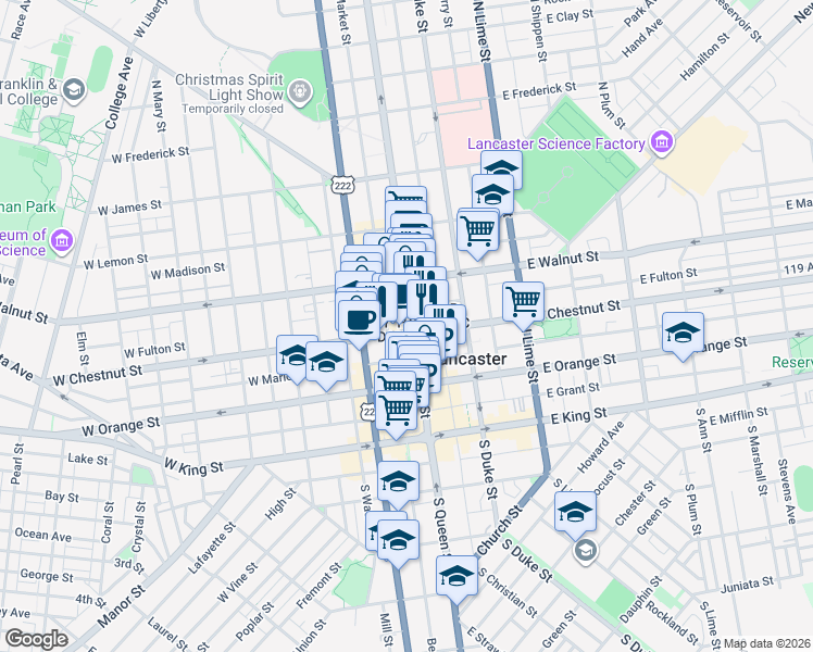 map of restaurants, bars, coffee shops, grocery stores, and more near 150 North Queen Street in Lancaster