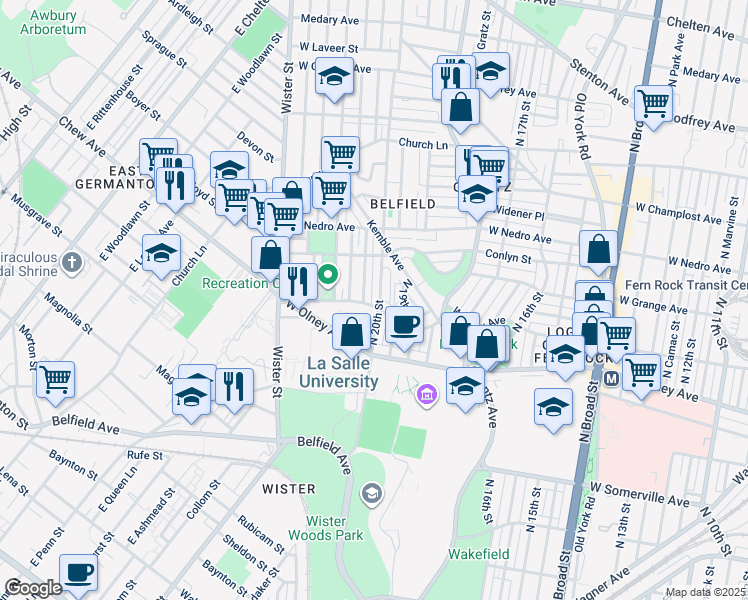 map of restaurants, bars, coffee shops, grocery stores, and more near 5704 North 20th Street in Philadelphia