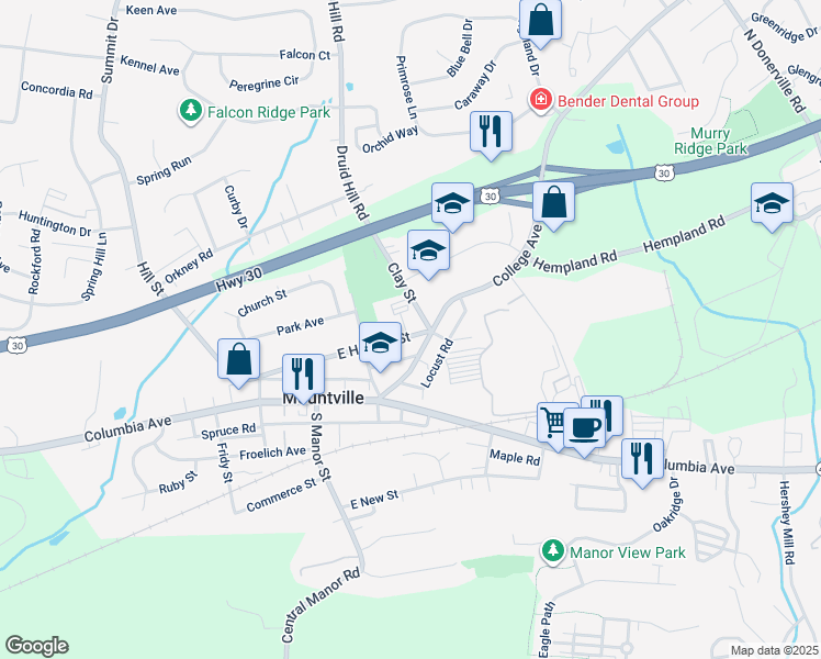 map of restaurants, bars, coffee shops, grocery stores, and more near in Mountville