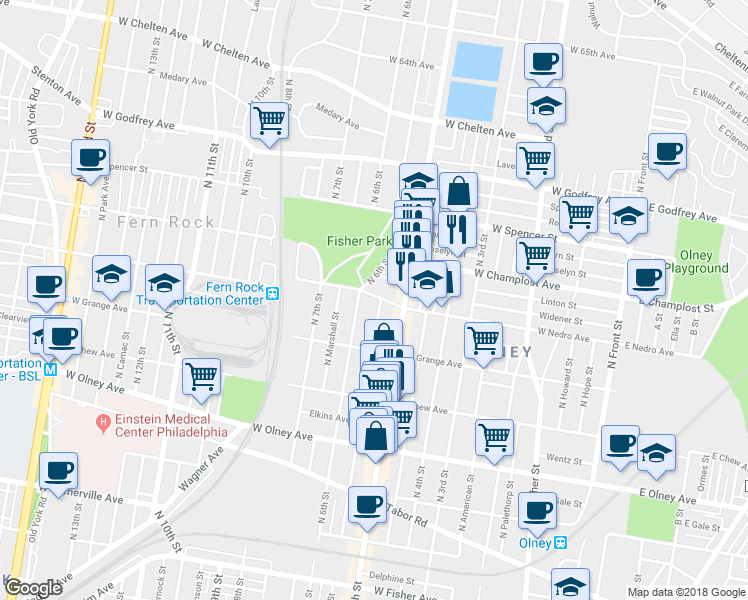 map of restaurants, bars, coffee shops, grocery stores, and more near 5866 North Fairhill Street in Philadelphia