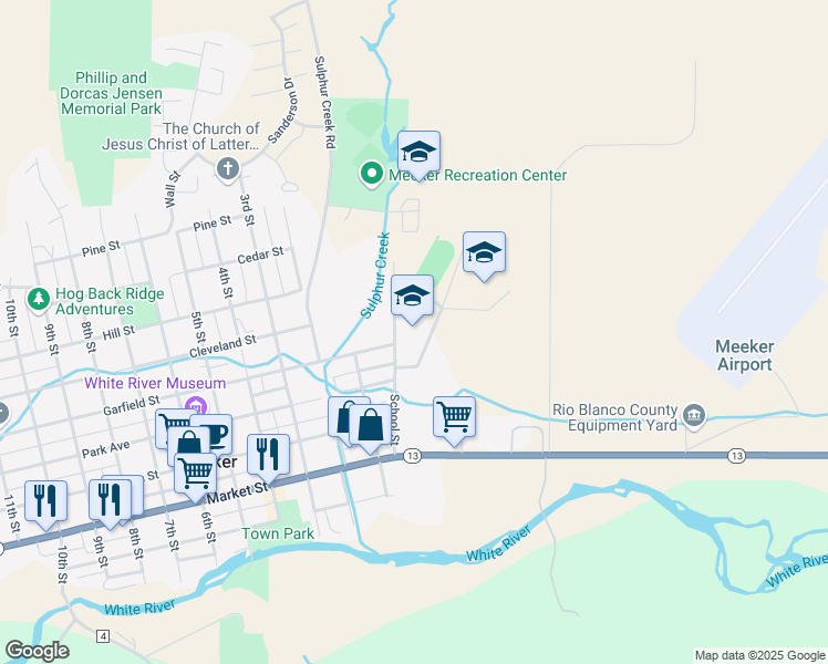 map of restaurants, bars, coffee shops, grocery stores, and more near 550 School Street in Meeker