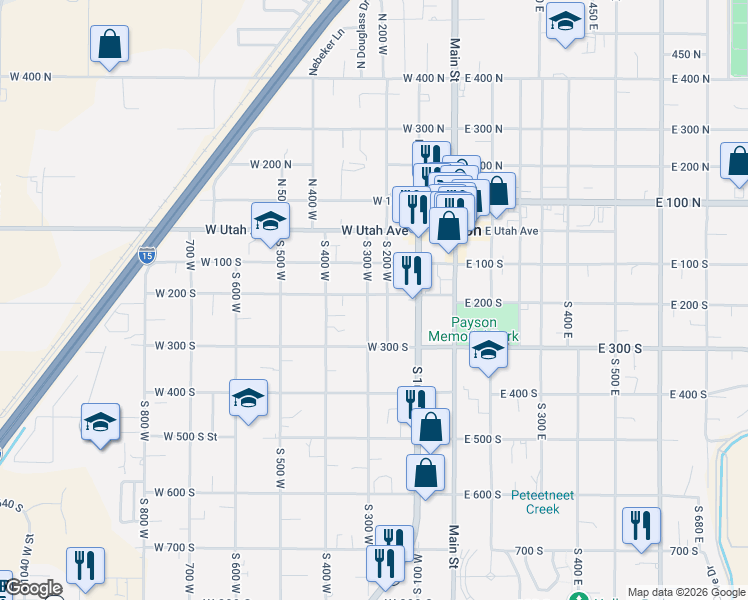 map of restaurants, bars, coffee shops, grocery stores, and more near 289 West 200 South in Payson