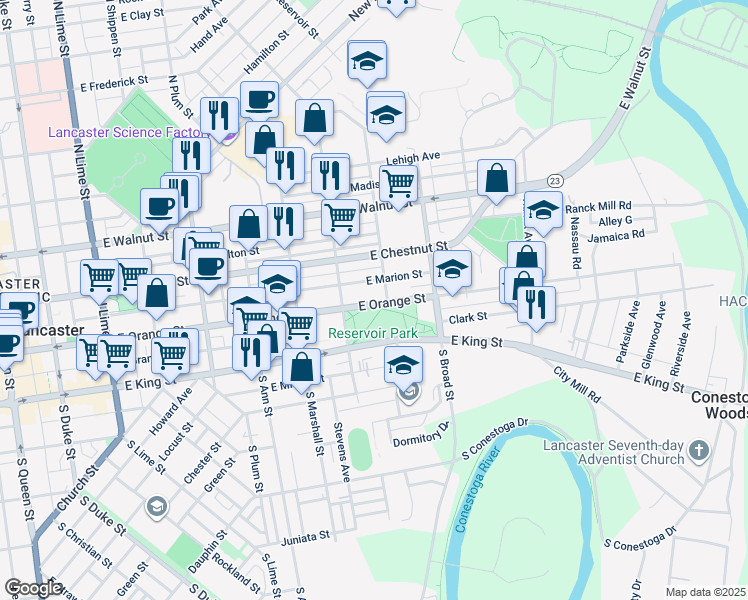 map of restaurants, bars, coffee shops, grocery stores, and more near 737 East Orange Street in Lancaster