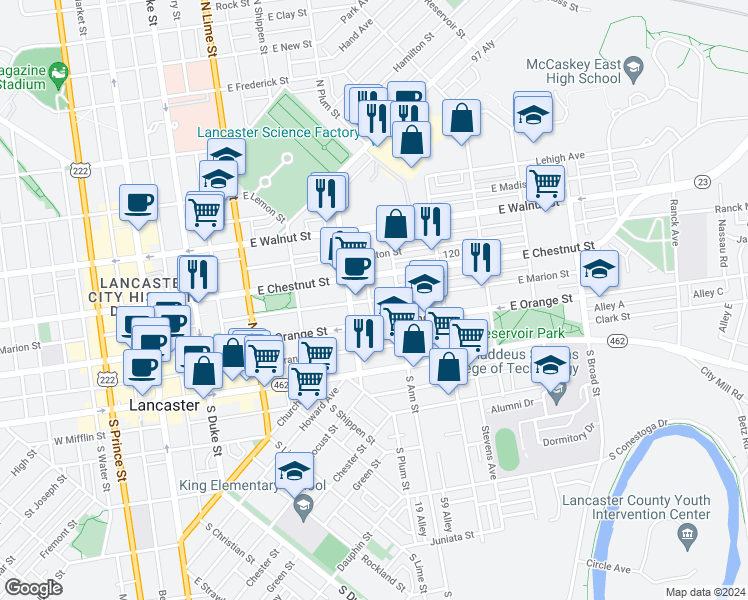 map of restaurants, bars, coffee shops, grocery stores, and more near 440 East Marion Street in Lancaster