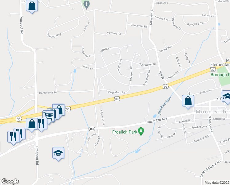 map of restaurants, bars, coffee shops, grocery stores, and more near 200 South Rockford Road in Mountville