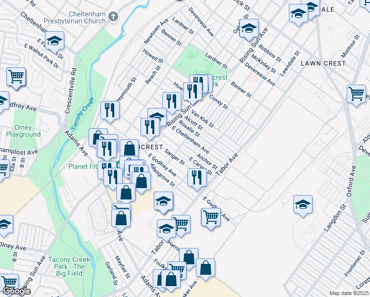 map of restaurants, bars, coffee shops, grocery stores, and more near 544 Anchor Street in Philadelphia