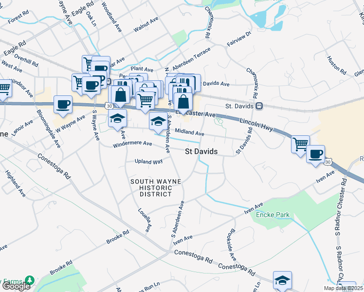 map of restaurants, bars, coffee shops, grocery stores, and more near 313 Saint Davids Road in Wayne