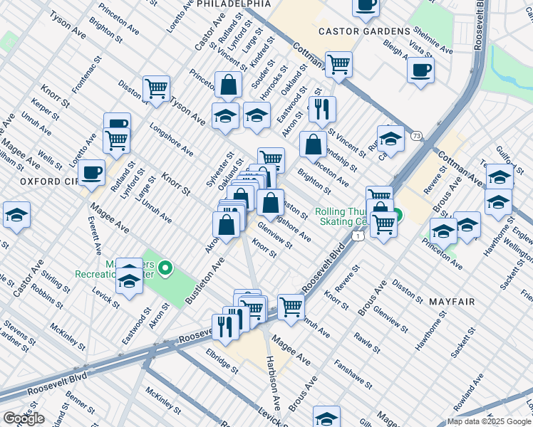 map of restaurants, bars, coffee shops, grocery stores, and more near 2206 Longshore Avenue in Philadelphia